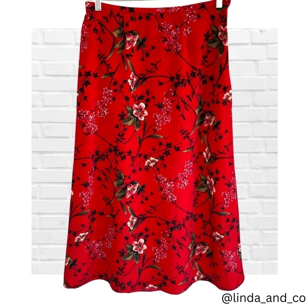 Vintage Kathie Lee M Red Floral Midi Skirt Boho Chic Romantic Garden Y2K Asian